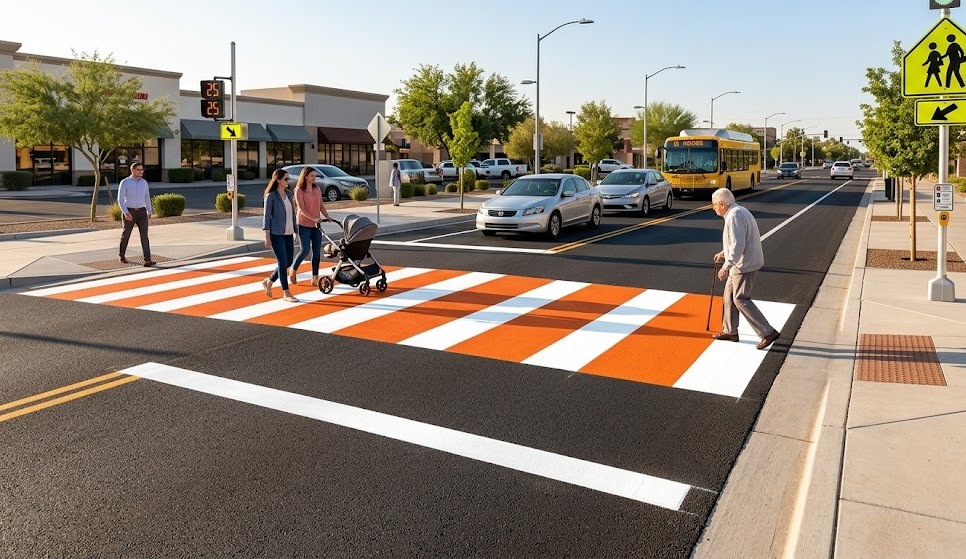 High-visibility decorative asphalt coating for crosswalk pavement