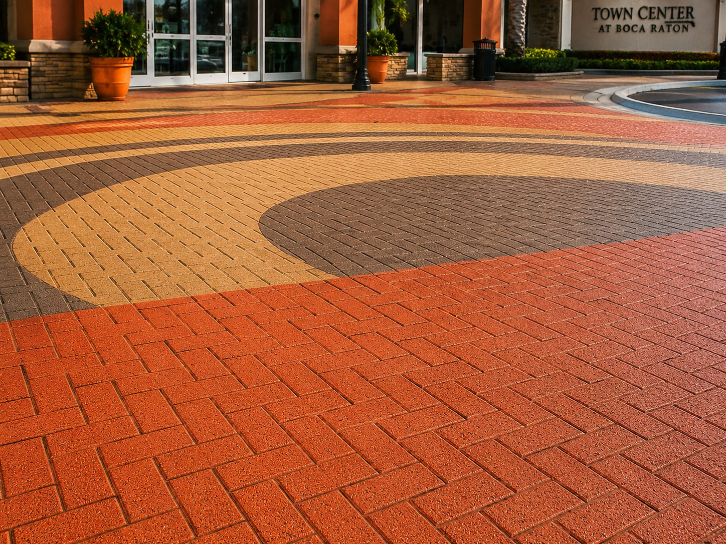 Decorative asphalt coating at a retail entrance pavement area